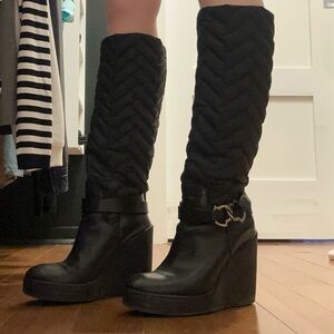 MONCLER Black Quilted Knee-High Wedge Boots SIZE 7